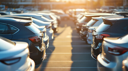 Obraz premium Fleet of Automobiles: A sprawling parking lot is filled with a fleet of new cars, bathed in the warm glow of the afternoon sun, signifying consumerism, mobility, and the allure of the open road.
