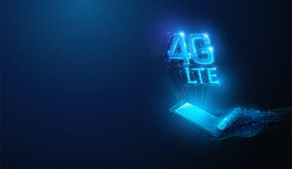 Low Poly 4G LTE Mobile Network over Smartphone in Hand. Abstract geometric illustration on fourth generation wireless communication hardware technology concept by wireframe mesh on blue background