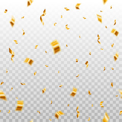 Beautiful celebration party seamless vector pattern with golden falling confetti on transparent background.