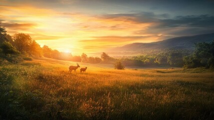 Deer grazing in a sunset valley.