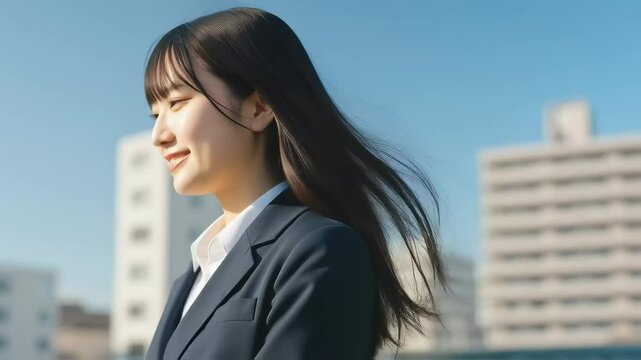 青空。ビル群を背景に、新人ビジネスウーマンが颯爽と歩く
