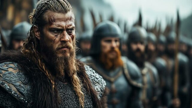 An Epic Battle Scene Unfolds with Fierce Warriors Clad in Armor Engaged in a Brutal Fight to the Finish