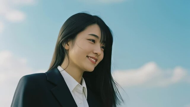 青空の背景。照れている新入社員の髪がなびく