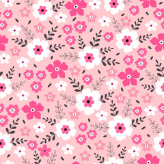 Seamless pattern with pink and white flower blossom garden on pink background. Cute hand drawn floral pattern for your fabric, summer background, wallpaper, textile.