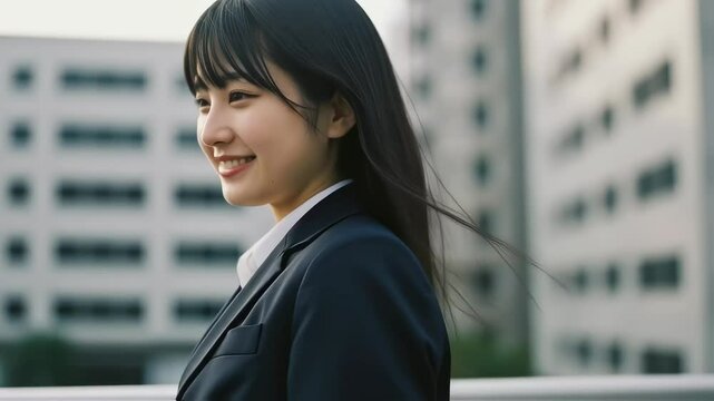 ビル群を背景に、歩く新人女性会社員の髪が揺れる