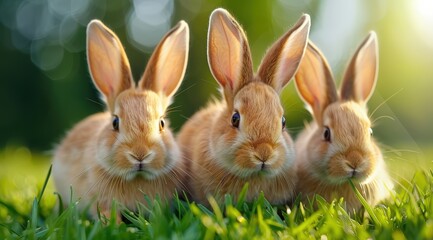 Three adorable brown rabbits in lush green grass