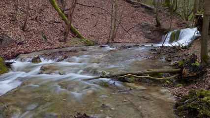 Serene Autumn Waterfall Cascades Through Leafless Forest Creating Tranquil Oasis For Nature Lovers And Mindfulness Seekers.