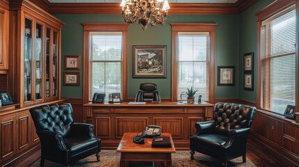 Elegant office interior, wood paneling, leather chairs, classic style, for corporate settings
