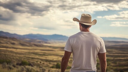 A man's back in a cowboy hat.