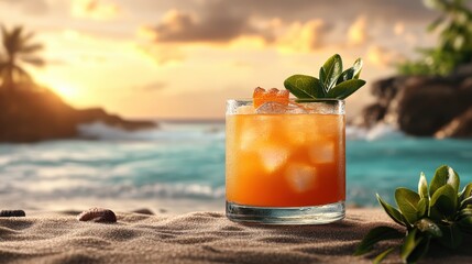 Obraz premium Vibrant orange cocktail with mint and orange slice on sandy beach at sunset with turquoise water creating a relaxing tropical atmosphere and ambiance
