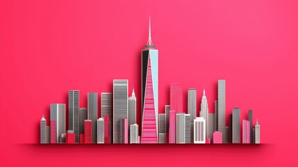 Obraz premium Abstract Manhattan skyline in surreal style, featuring distorted strips of light and shadow, set against a vivid pink sky, creating an otherworldly atmosphere , Minimalism Clean and clear background