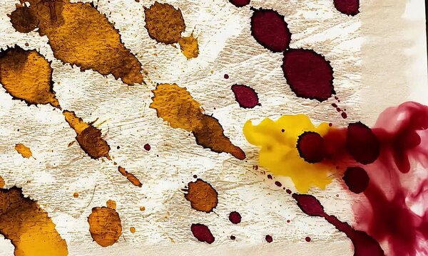 An abstract view of red and brown ink spots on a white surface creating a textured pattern