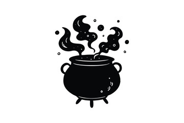 Silhouette art illustration of a bubbling witch?s cauldron with smoke.eps