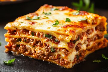 Layers of baked pasta with rich meat sauce and cheese garnished with fresh herbs