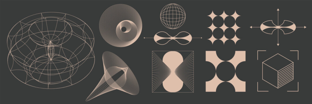 Vector design. Set of toroidal structures, spirals, and hyperbolic shapes in warm beige tones on dark background, illustrating dynamic motion and symmetry. Science. Modern aesthetics, minimalist art.