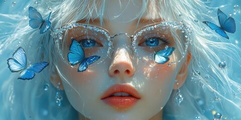 A Beautiful Girl With White Hair, Wearing Crystal Jewelry and Butterfly Shaped Glasses On Her Eyes. Created With Ai