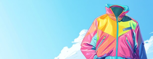 Fototapeta premium Pixel art illustration of a colorful jacket against a bright blue sky with clouds. The jacket features pink, yellow, and teal color blocks. The style is reminiscent of 80s fashion.