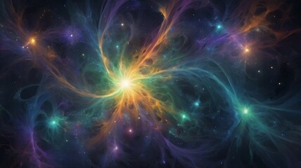 Vivid cosmic nebula with swirling colors and luminous stars in deep space formation