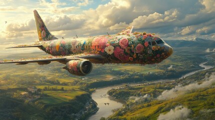 Fototapeta premium An artistic interpretation of a plane decorated with mixed flowers and vines, floating through the sky on a sunny day