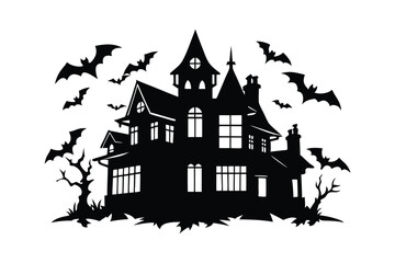 Silhouette art illustration of a haunted Victorian mansion.eps