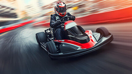 Go-karting Thrill: A lone driver navigates a high-speed go-kart around a winding racetrack. the image captures the excitement and adrenaline of a competitive karting experience.