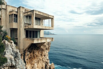 Cliffside concrete structure overlooking the sea.  A weathered, modern, architectural marvel perched precariously on a rugged cliff, overlooking the vast expanse of the ocean