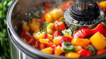 Close-Up of Stainless Steel Food Processor Pureeing Colorful Bell Peppers – Kitchen Appliance in Action