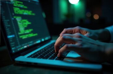 A person is engaged in programming on a laptop in a dark room. The computer screen displays colorful code creating a captivating atmosphere illuminated by soft green light.
