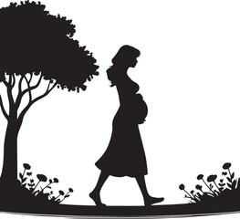 pregnant woman walking in a park silhouette vector 