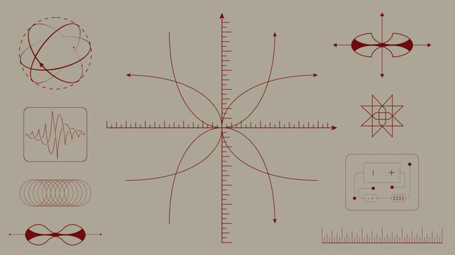 Vector design. Mathematical graph with parametric curves, waveforms, and physics notations in red tones on beige background, representing balance and motion. Science. Modern aesthetics, minimalist art