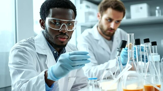 Team of scientists discussing hypothesis in laboratory