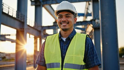 A smiling Latino construction worker in safety gear stands proudly at a construction site during sunrise. Concept of workplace positive and diverse work environment and job satisfaction.