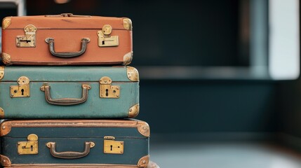 Vintage items in a secondhand market Concept, Weathered Suitcases with Brass Locks Stacked Artistically for Travel and Vintage Aesthetic Photography