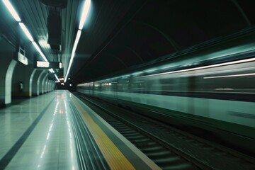 High speed magnetic train in motion at train station