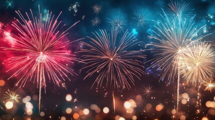 Fototapeta premium Vibrant fireworks explode across a celebratory New Year s background