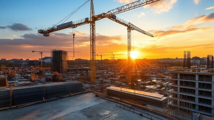 Construction site at sunset, cranes, buildings under construction