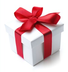 Obraz premium Giving White Gift Box with Red Ribbon and Bow Presenting Celebration