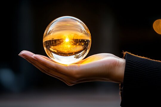 Crystal orb held in hand, sunlit reflection