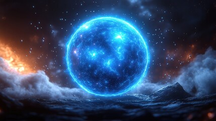 Glowing Orb Over Stormy Seascape