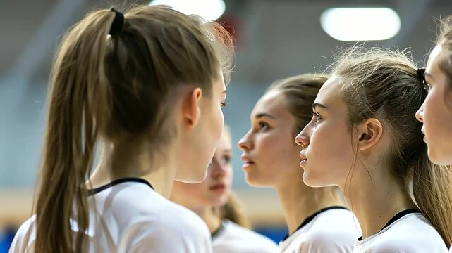 Volleyball team in a strategic timeout discussion close-up