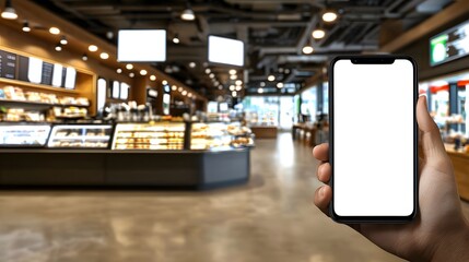 Hand Holding Smartphone in Empty Cafe Interior with Modern Design and Bright Lighting