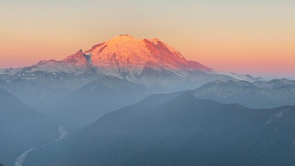Mount Rainier with red haze from fire smoke Washington state in summer