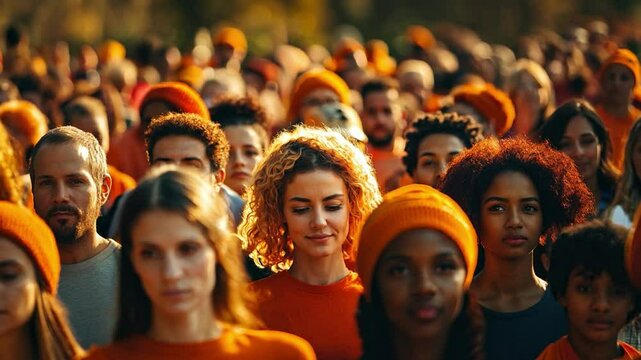 A diverse crowd dressed in orange clothing gathers in a public area to protest against ecological issues and social inequality. The atmosphere reflects determination and unity among participants.