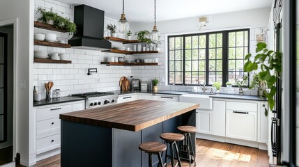 Modern Farmhouse Kitchen Design: White Cabinets, Dark Wood Island, and Black Accents