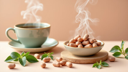 Fototapeta premium An image featuring a cup of hot beverage with magnesium glycinate capsules scattered around it on a wooden surface.