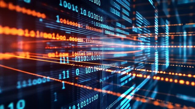 Abstract Digital Background with Glowing Data Stream and Binary Code