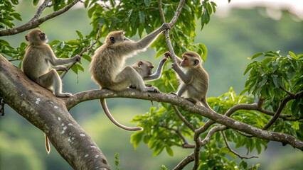 Monkeys on tree and playing together 