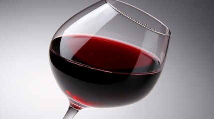 Detailed close-up of a tilted wineglass filled with rich red wine on gradient backdrop