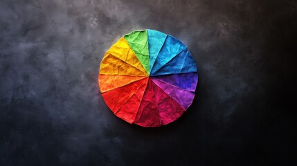 Colorful circular color wheel with segments in red, orange, yellow, green, blue, and purple. Crinkled paper texture on dark background, showcasing vibrant color arrangement and artistic design.