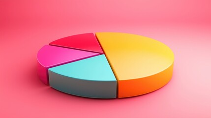 Fototapeta premium 3D colorful pie chart with segments in pink, red, cyan, yellow, and orange. Vibrant geometric design set against a pink background, showcasing modern data visualization and artistic color arrangement.
